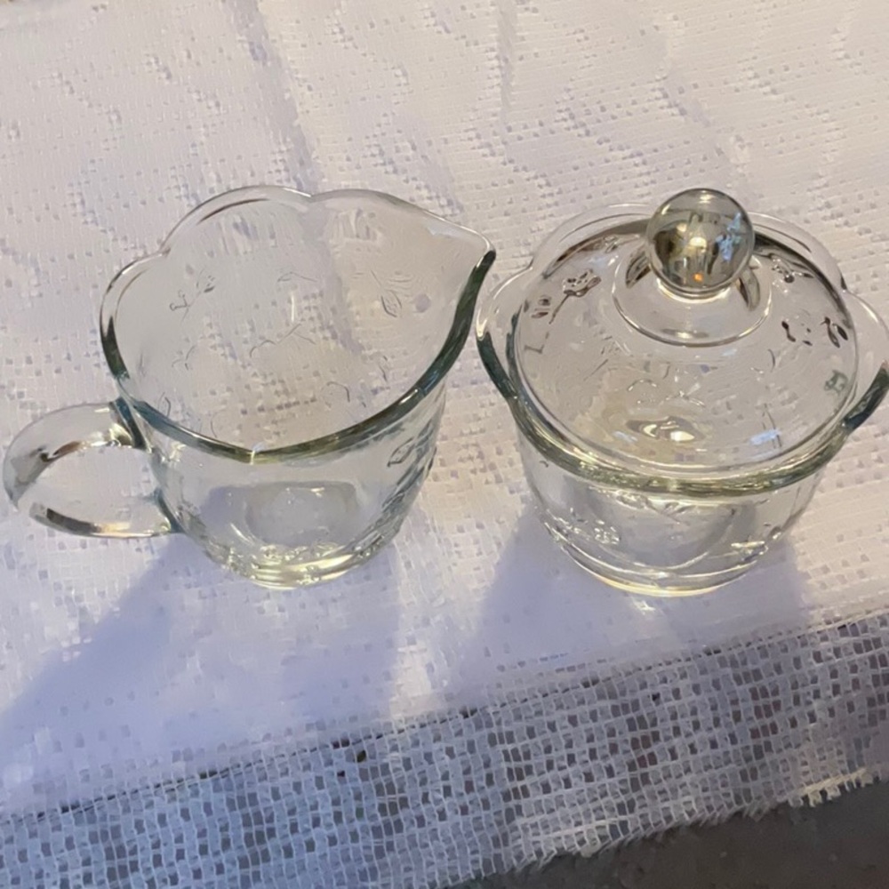 Vintage Clear Glass Cream and Sugar Set Floral